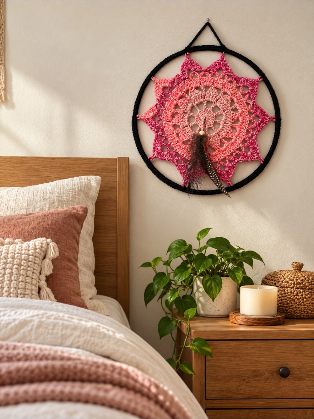 Handmade Pink Crochet Dreamcatcher Wall Hanging with Feather